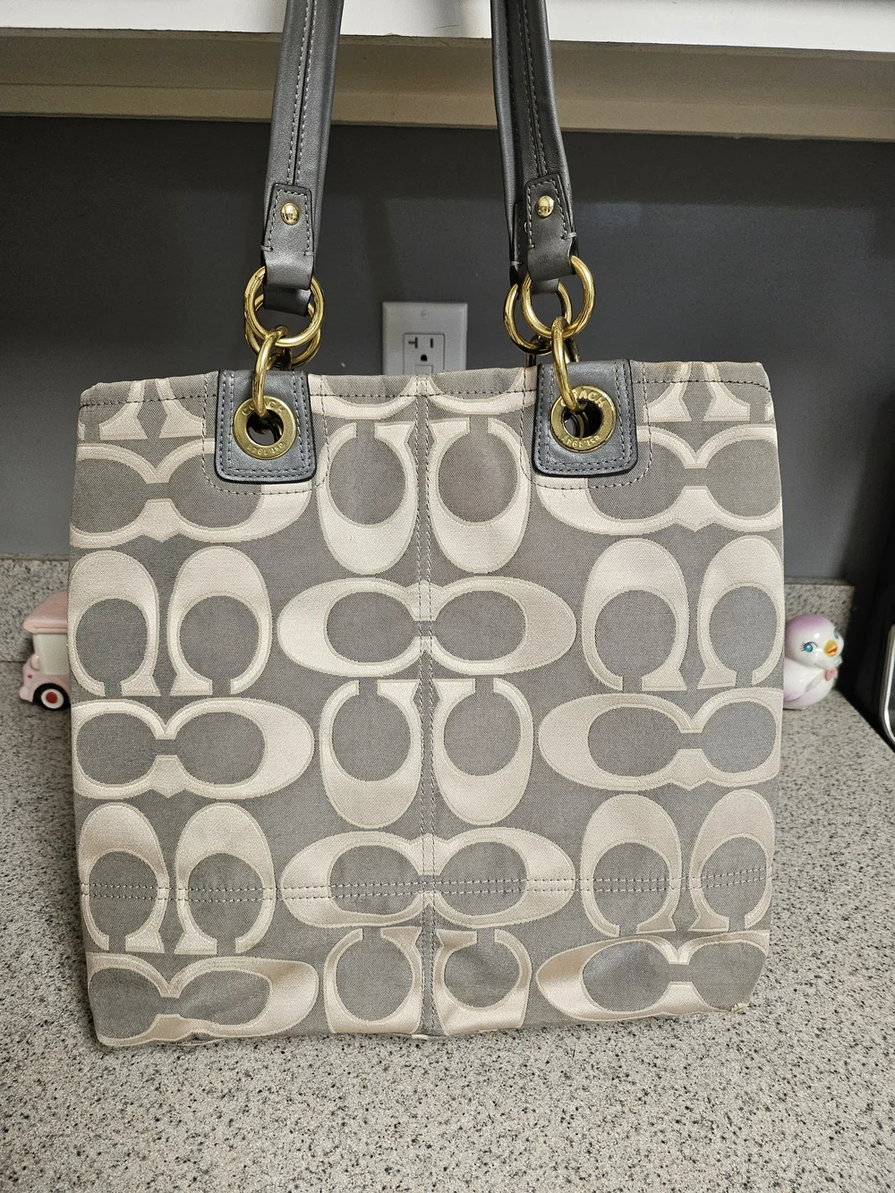 Coach Beige & Gray Signature Tote with Gold Hardware